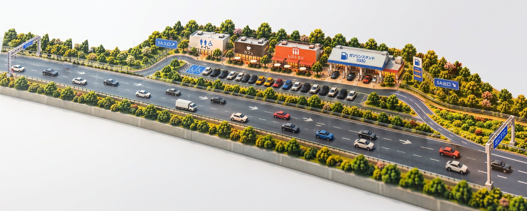 高速道路とサービスエリアのジオラマ。入口ETCから本線に入り、トイレ・カフェ・レストラン・ガソリンスタンドのあるサービスエリアを経て、出口ETCへ向かう